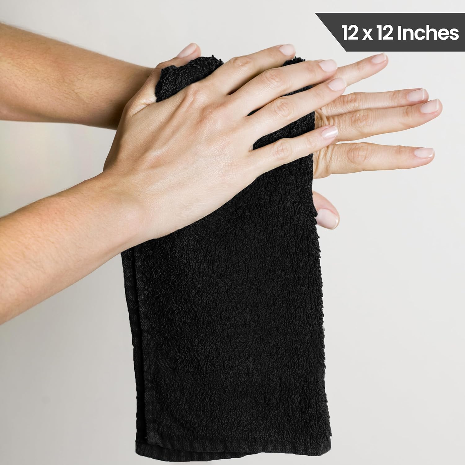 24 Pack Washcloths, 12x12 in, 100% Cotton, Black | Premium 100% Ring Spun Cotton Face Cloths - Highly Absorbent, Fast