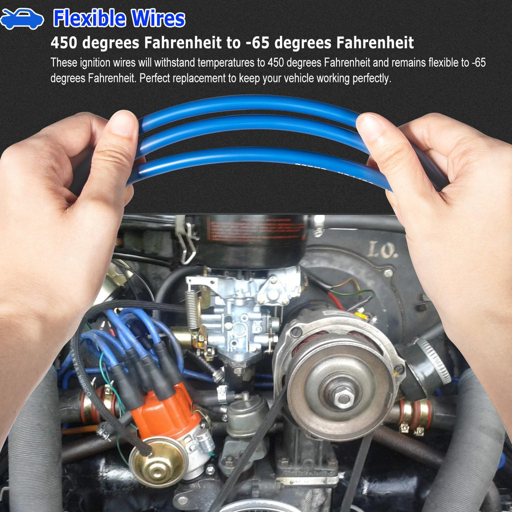 7mm Blue Silicone Ignition Plug Wires Set, 00-9407-0 Spark Plug Wire Set for VW Type 1 Bug, Beetle, Karmann GHIA
