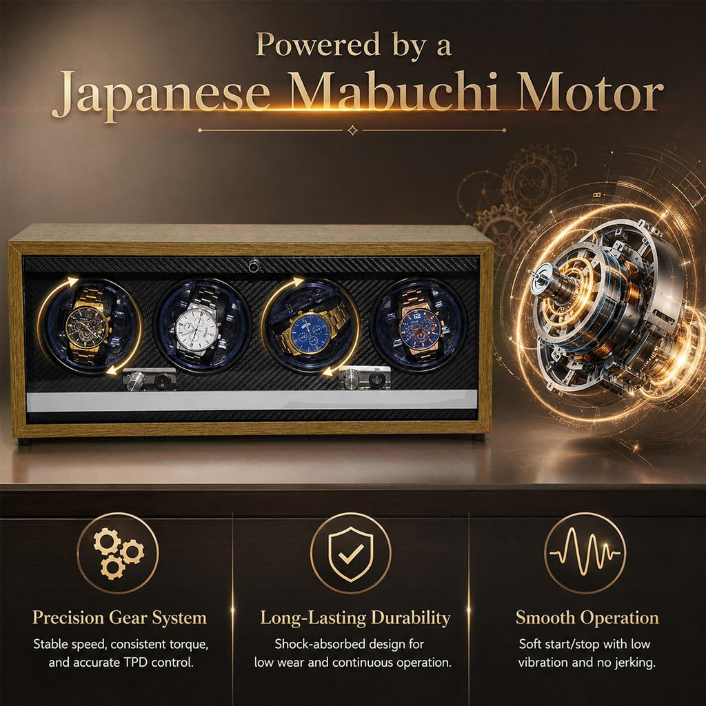 4 Slots Watch Winder for Automatic Watches, Walnut Winding Watch Box with Blue LED & Japanese Quiet Motor for Rolex