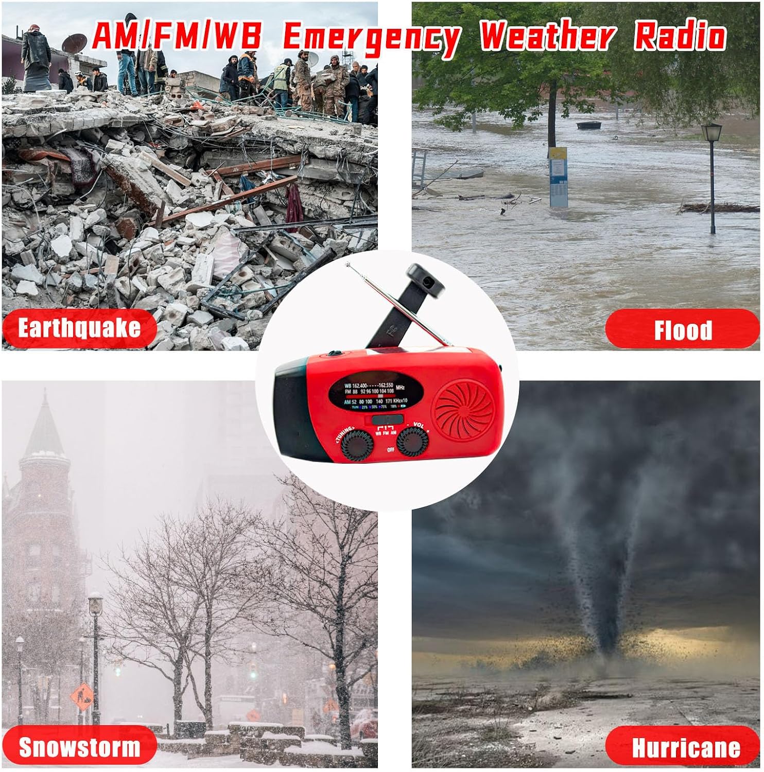 Portable 2000mAh Hand Crank Emergency Solar Panel SOS Weather Radio, Self-Powered 7 NOAA Channels Emergency Radio