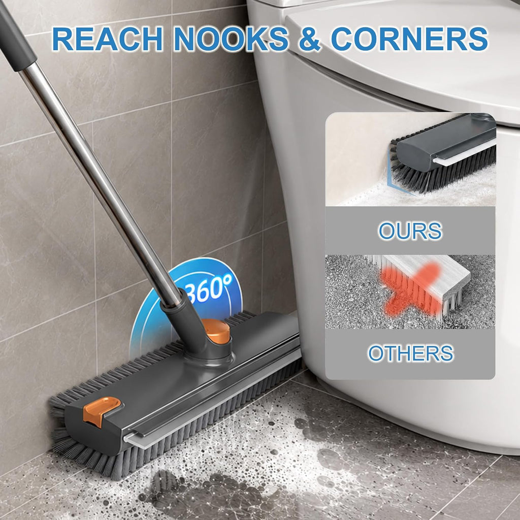 Floor Scrub Brush with Long Handle, 3 in 1 Floor Scrubber, Heavy Duty Stiff Bristle Squeegee Broom for Cleaning