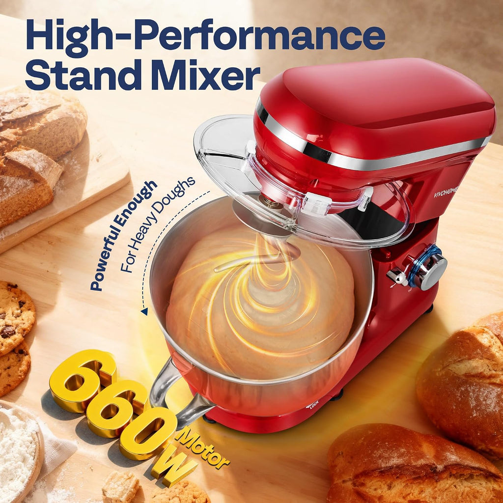 Stand Mixer, 6-Quart Tilt-Head Kitchen Mixer with Bowl, Red | 10 Speeds, Splash Guard, Dough Hook, Beater, Whisk, Egg