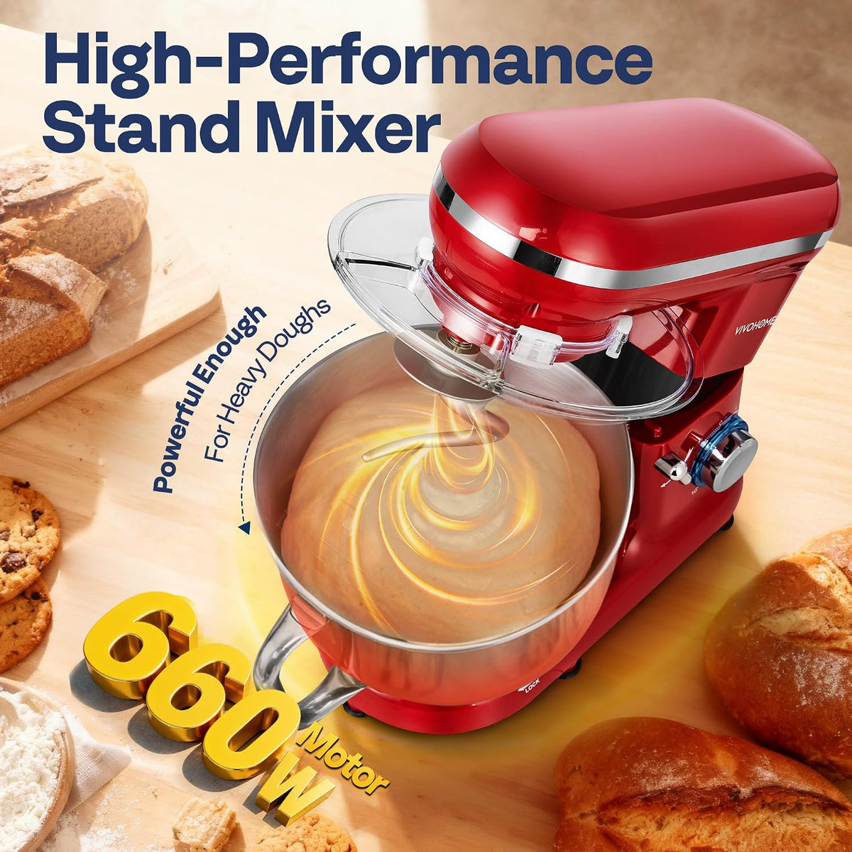 Stand Mixer, 6-Quart Tilt-Head Kitchen Mixer with Bowl, Red | 10 Speeds, Splash Guard, Dough Hook, Beater, Whisk, Egg