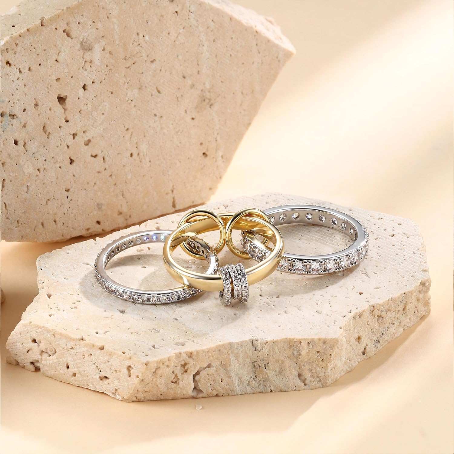 Gold Stackable Rings for Women Non Tarnish 18K Gold Plated Interlocked Stack Rings Set Silver Gold Mixed Metals Multi