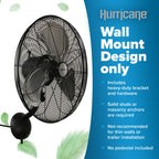 Pro High Velocity Oscillating Wall Fan, 3 Speeds, Black, 20in