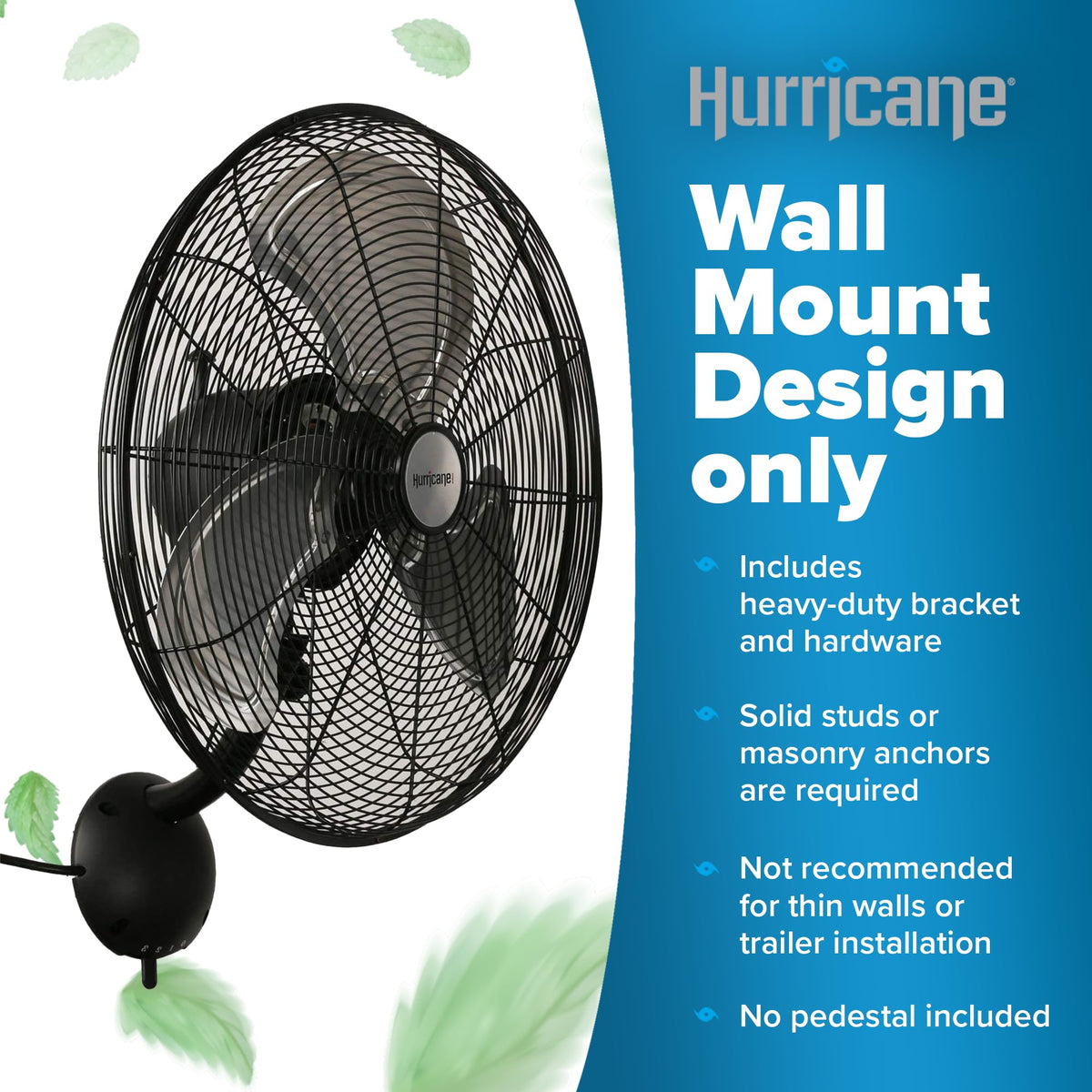 Pro High Velocity Oscillating Wall Fan, 3 Speeds, Black, 20in