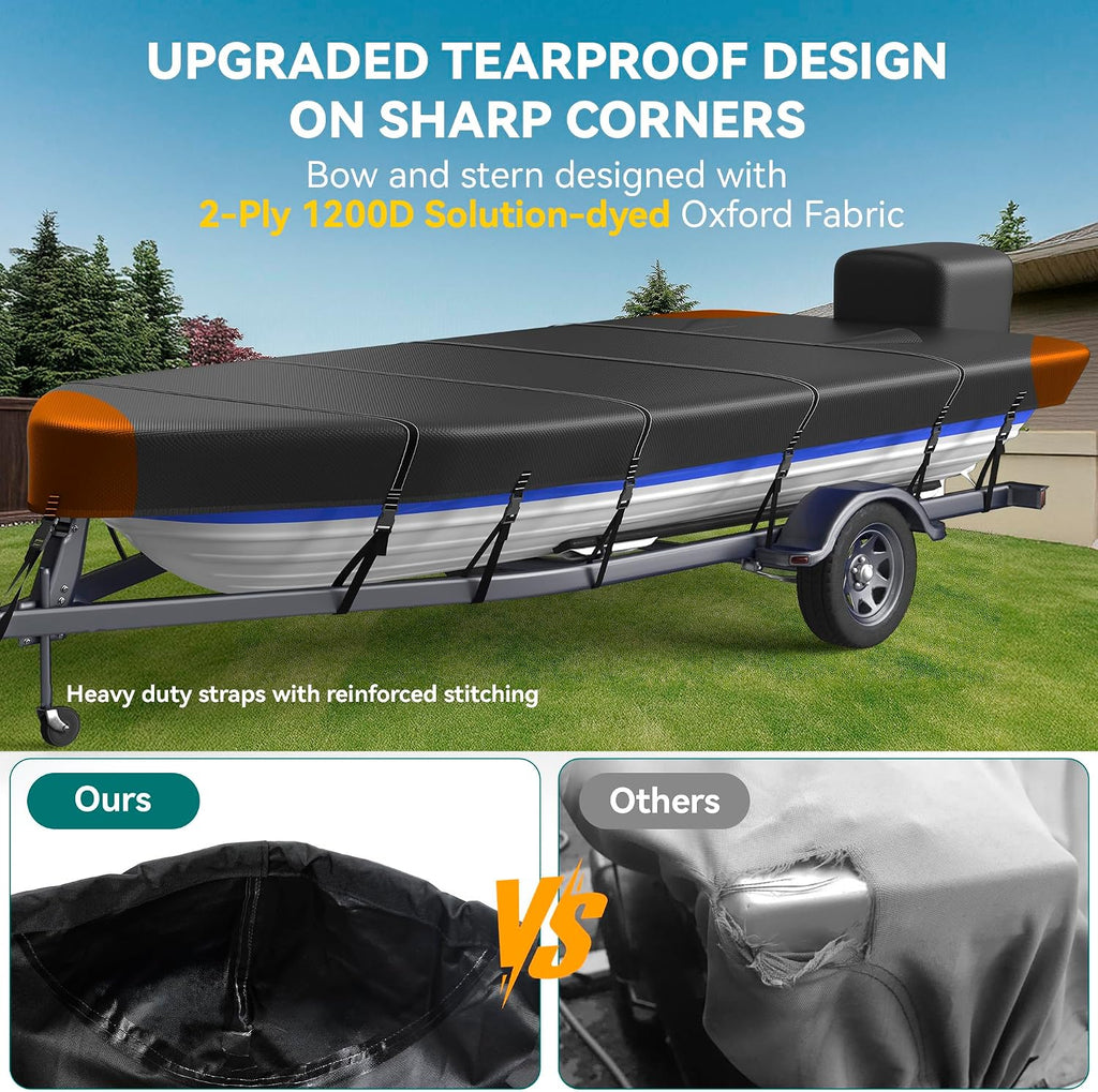 Heavy Duty 5 Layers 1200D Jon Boat Cover 14ft - 16ft with Motor Cover | 100% Waterproof Trailerable Jon Boat Covers