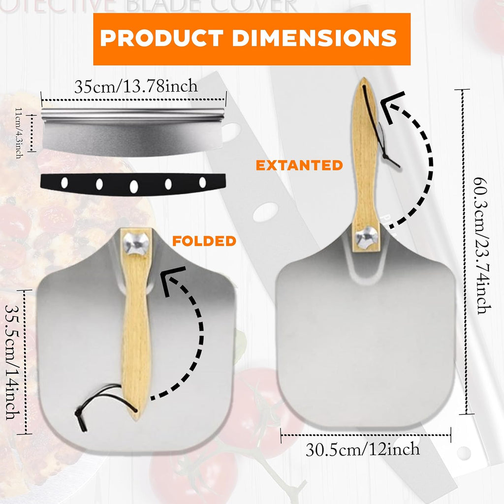 Aluminum Metal Pizza Peel (12" X 14"), Pizza Spatula with 14’’ Rocker Cutter, Pizza Paddle with Foldable Wooden