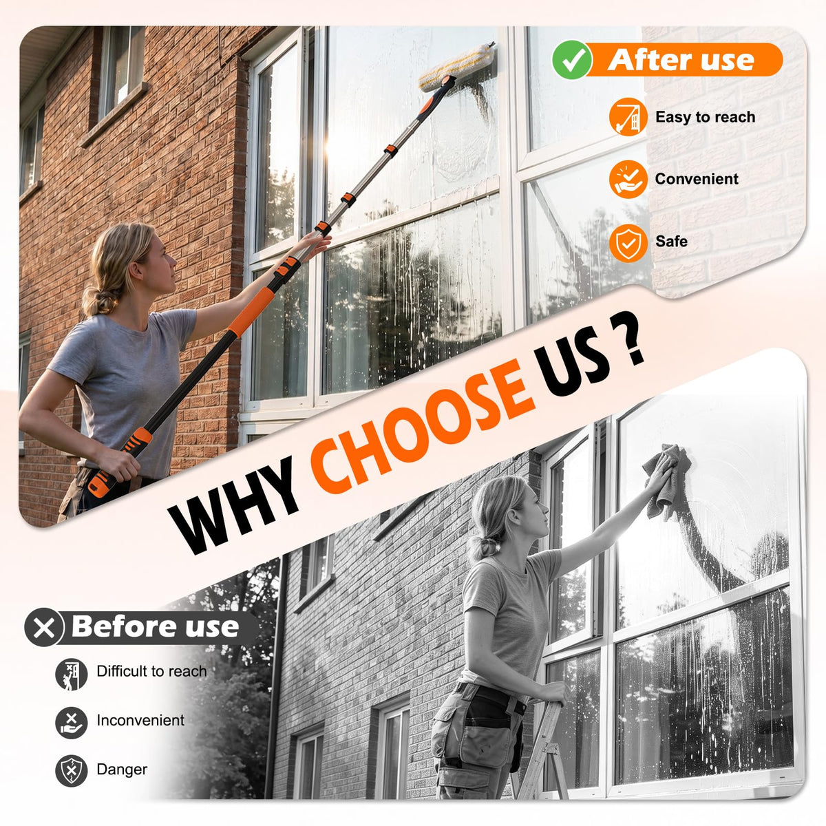 2-in-1 Window Squeegee, 18FT Window Cleaner Tool with 14" Head