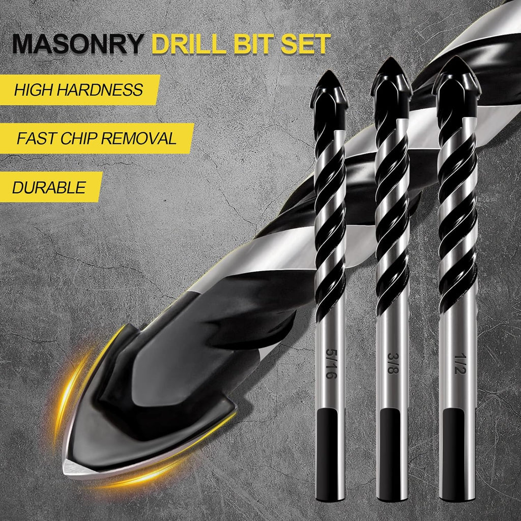 12-Piece Masonry Drill Bit Set and Concrete Drill Bit Set | Carbide Tile Drill Bits and Brick Drill Bit, 7 Sizes 1/8