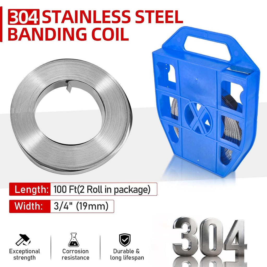 Banding Strapping Kit with Tensioner Tool - 3/4" x 200FT 304 Stainless Steel Binding Straps with Plastic Case ＆100