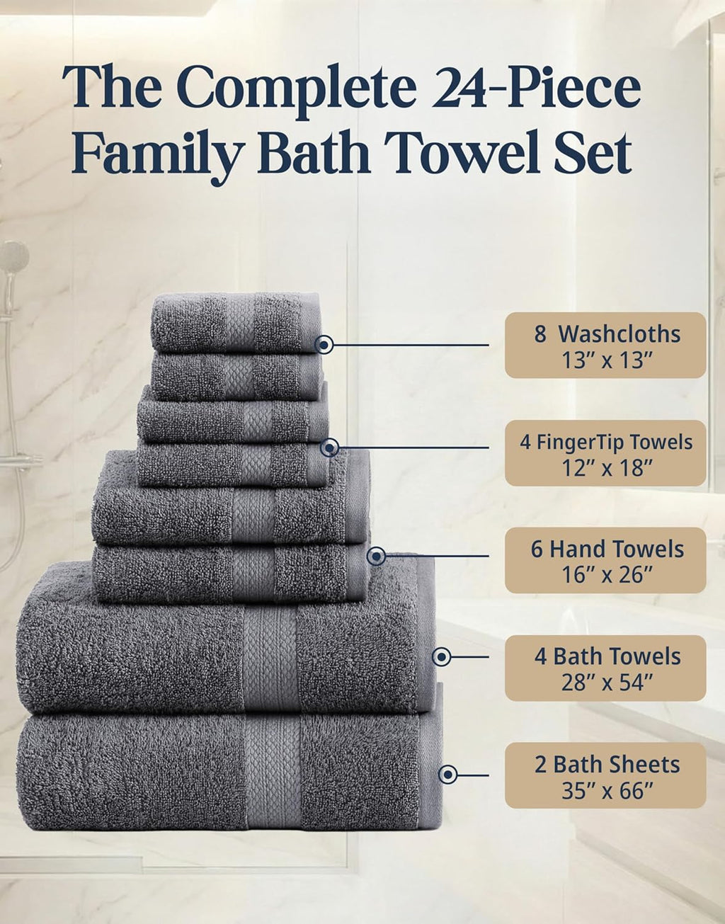 100% Cotton Bath Towels Set - 24 PCs - Durable, Quick Dry, Super Soft & Highly Absorbent - 4 Bath, 4 Fingertip, 6