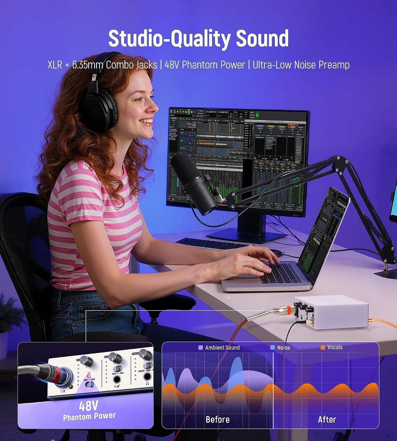 USB C Audio Interface for Recording Music, Streaming, Podcasting, Silver | XLR/6.35mm jacks, line In/hi-z switching