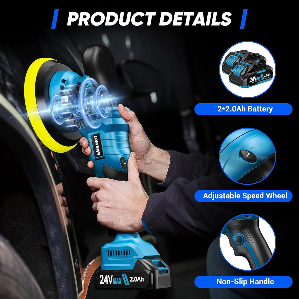 23PCS Cordless Buffer Polisher Kit with 2×2.0Ah Battery & Charger, 10000RPM 1600W High Power Car Polisher with 6