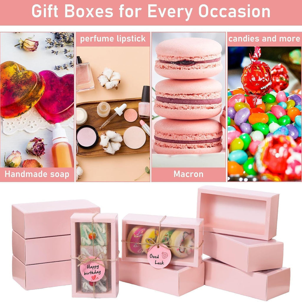 50 Sets Gift Boxes Kraft with Tags, 6.3 x 3.5 x 2 Inch, Pink