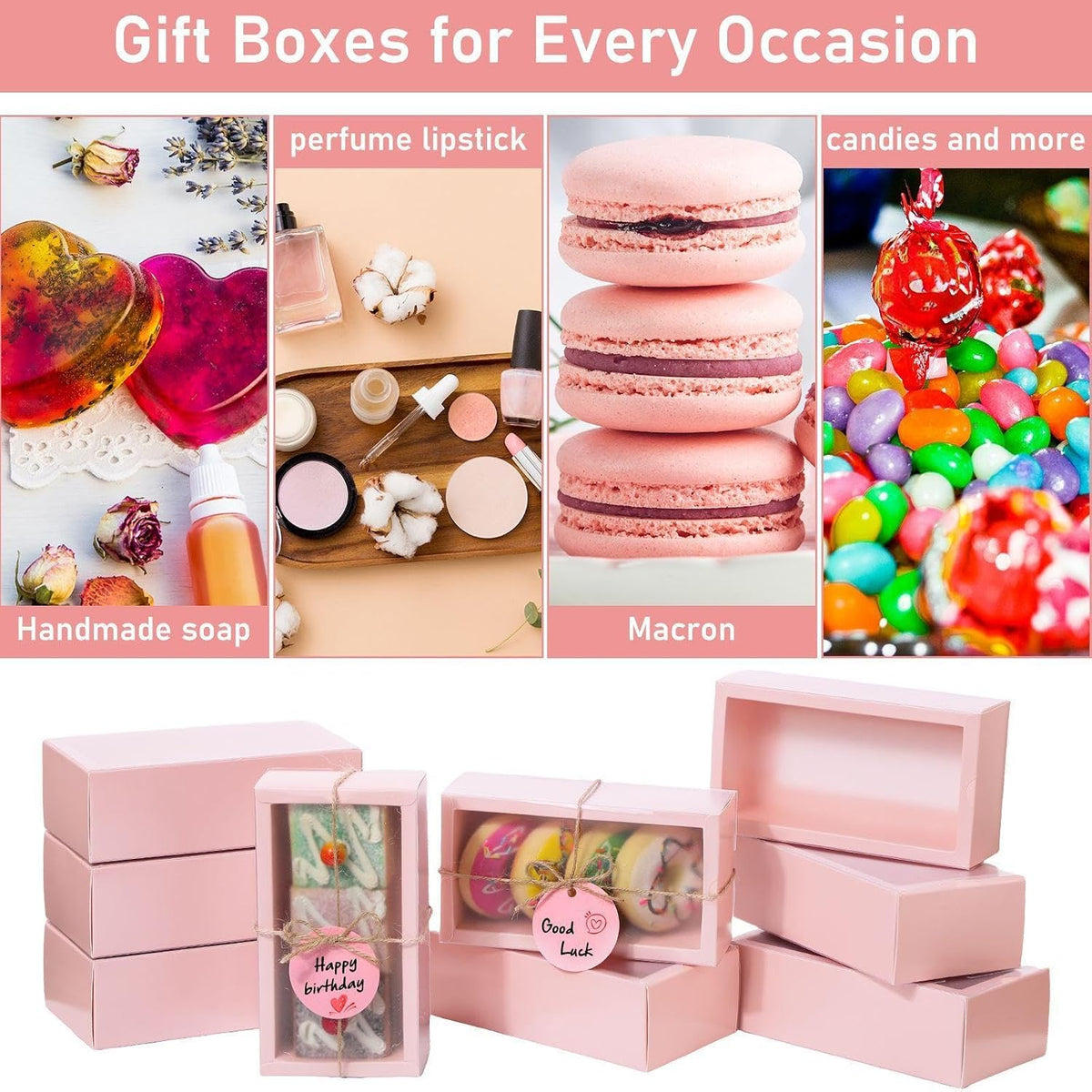 50 Sets Gift Boxes Kraft with Tags, 6.3 x 3.5 x 2 Inch, Pink