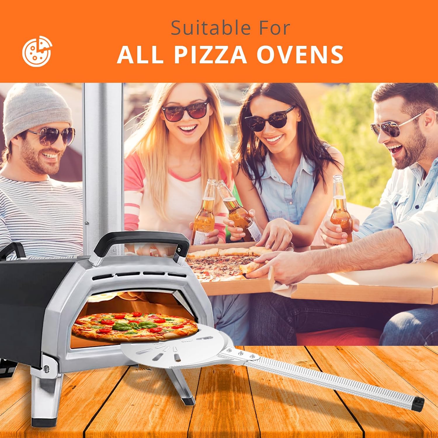 Pizza Turning Peel, 8-inch Pizza Peel Turner Spinner with Non-Slip Long Handle & Silicone Hanging Hook, Essential