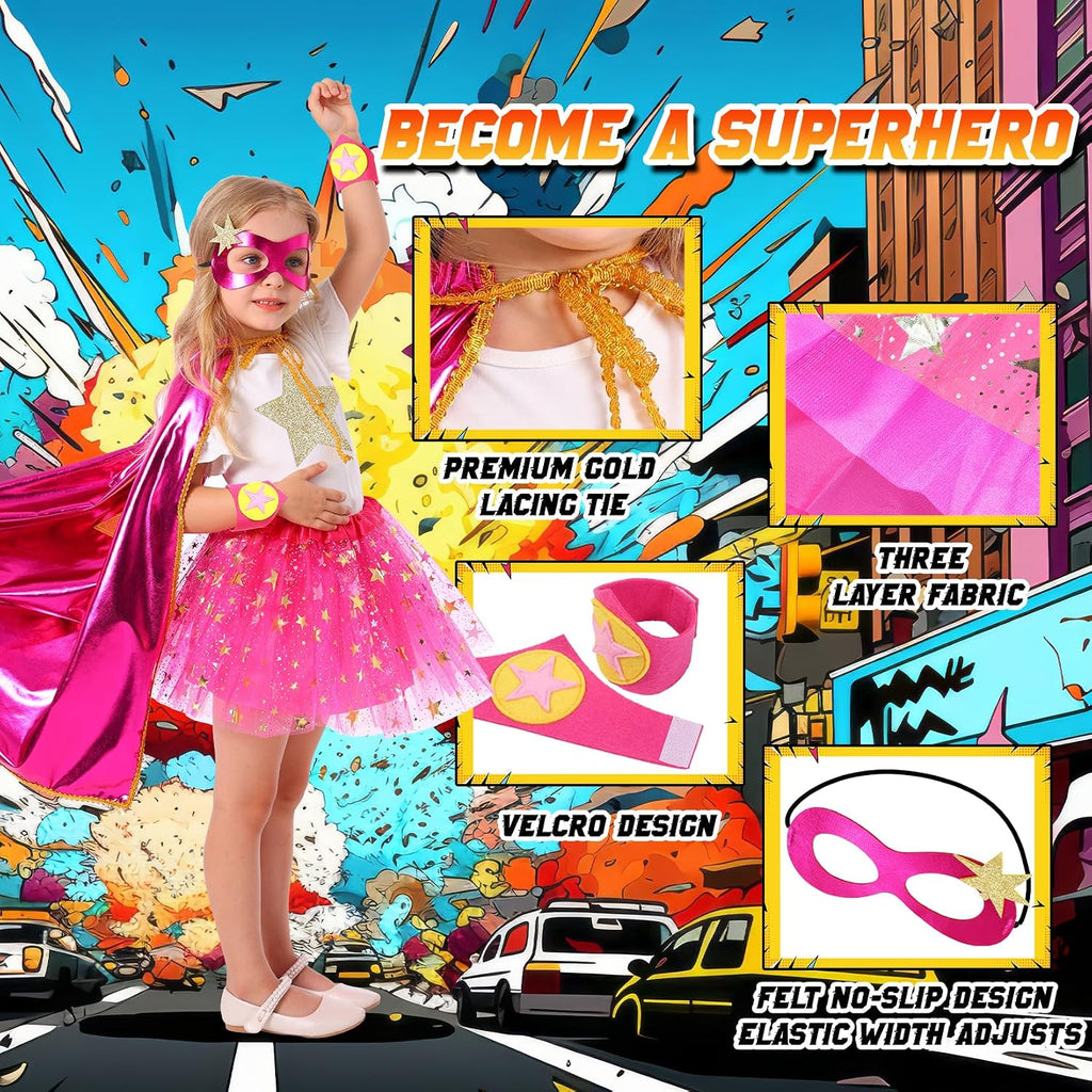 Kids Superhero Cape Tutu Costume Set for Girls Halloween Dress Up Age 3-10 | Includes satin cloak, mask, star cuffs &