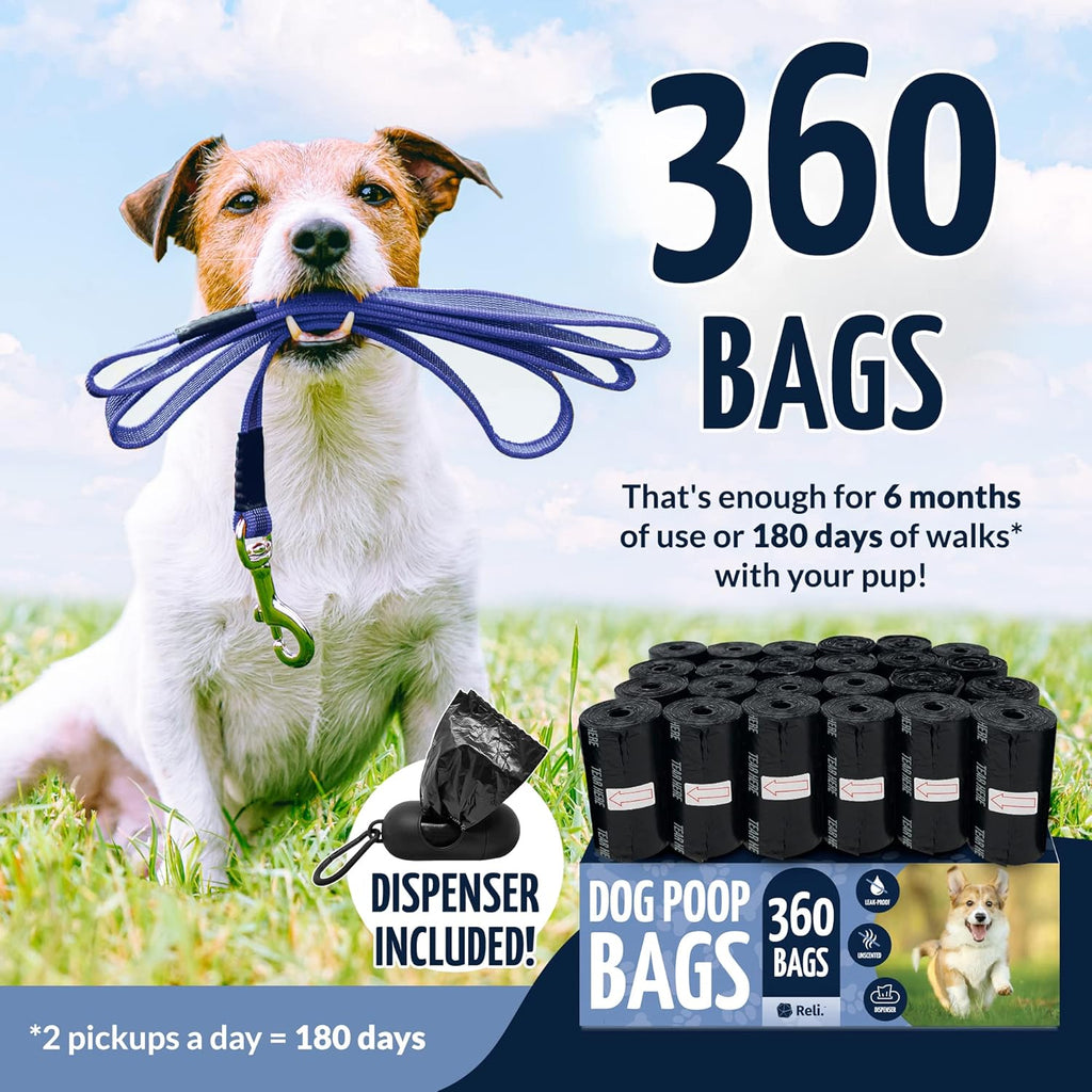 Dog Poop Bags w/Holder (360 Pack - 24 Rolls) | Leash Clip Dispenser | 9x13" Large Dog Bag for Poop | Black Pet Waste