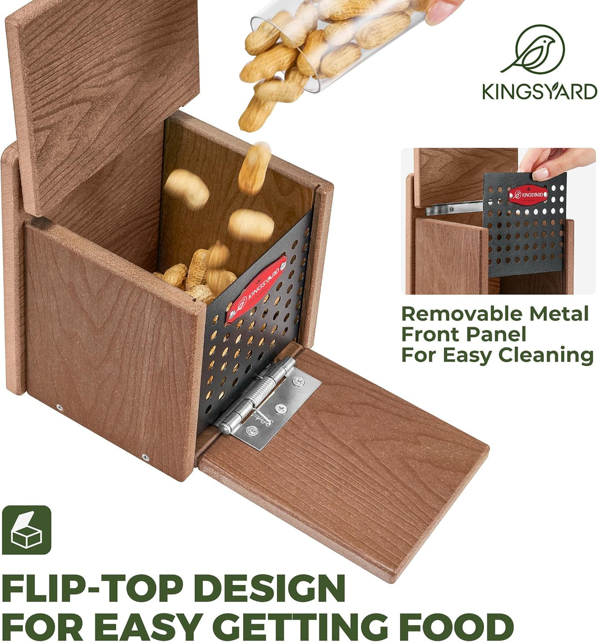 Squirrel Feeder Box for Outside, Recycled Plastic Squirrel Feeder with Removable Metal Front Panel & Perch, Easy to