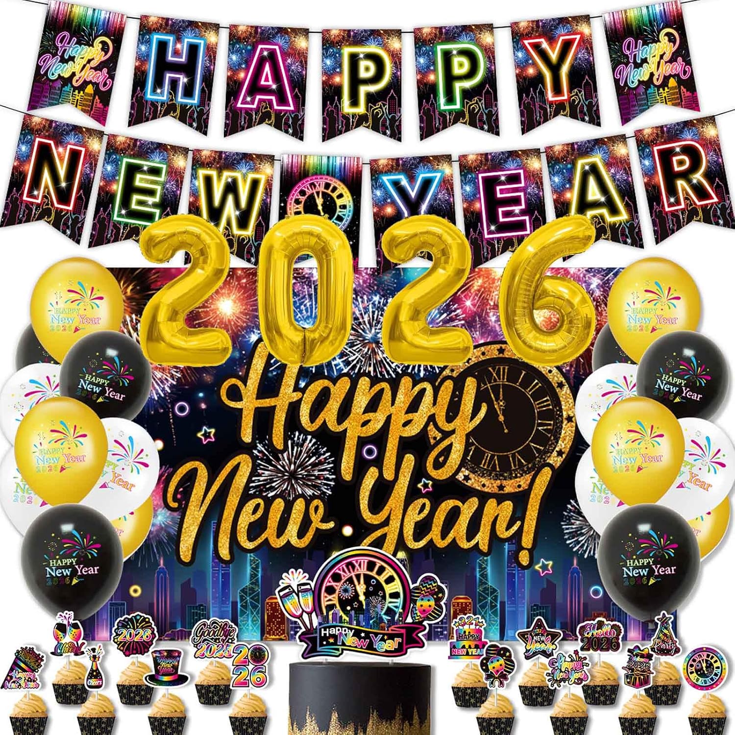 Neon Happy New Years Eve Party Decorations Supplies 2026 - Rainbow NYE Decorations Backdrop Banner, 2026 Foil