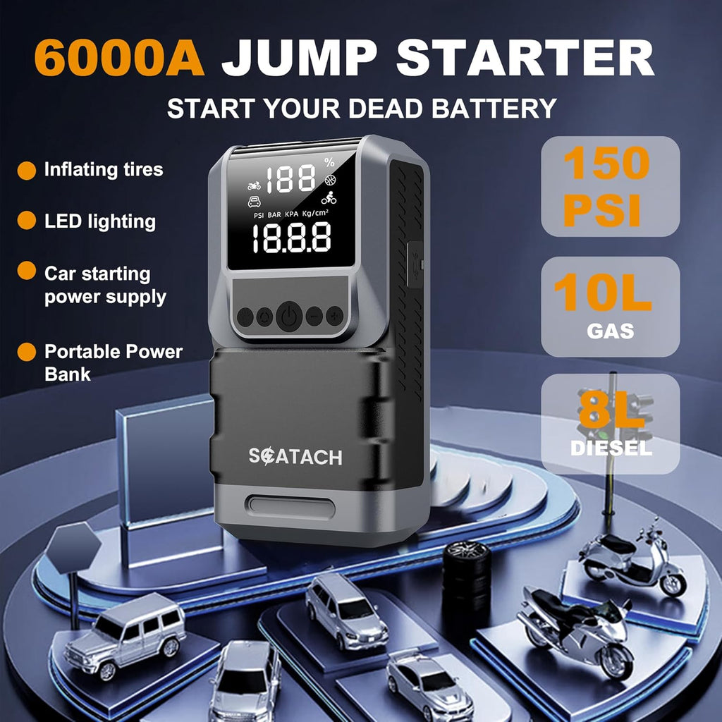 Jump Starter with Air Compressor, 6000A 150PSI Car Battery Jump Starter (10.0 Gas/8.0L Diesel) Battery Jumper Starter