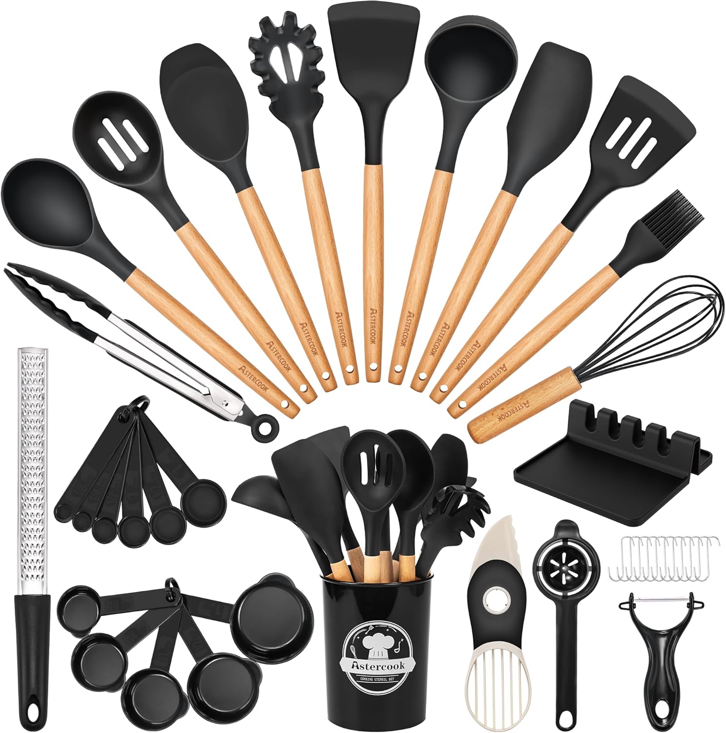 39 PCS Kitchen Utensils Set, Silicone Cooking Utensil Sets with Wooden Handle, 446°F Heat Resistant Food Grade