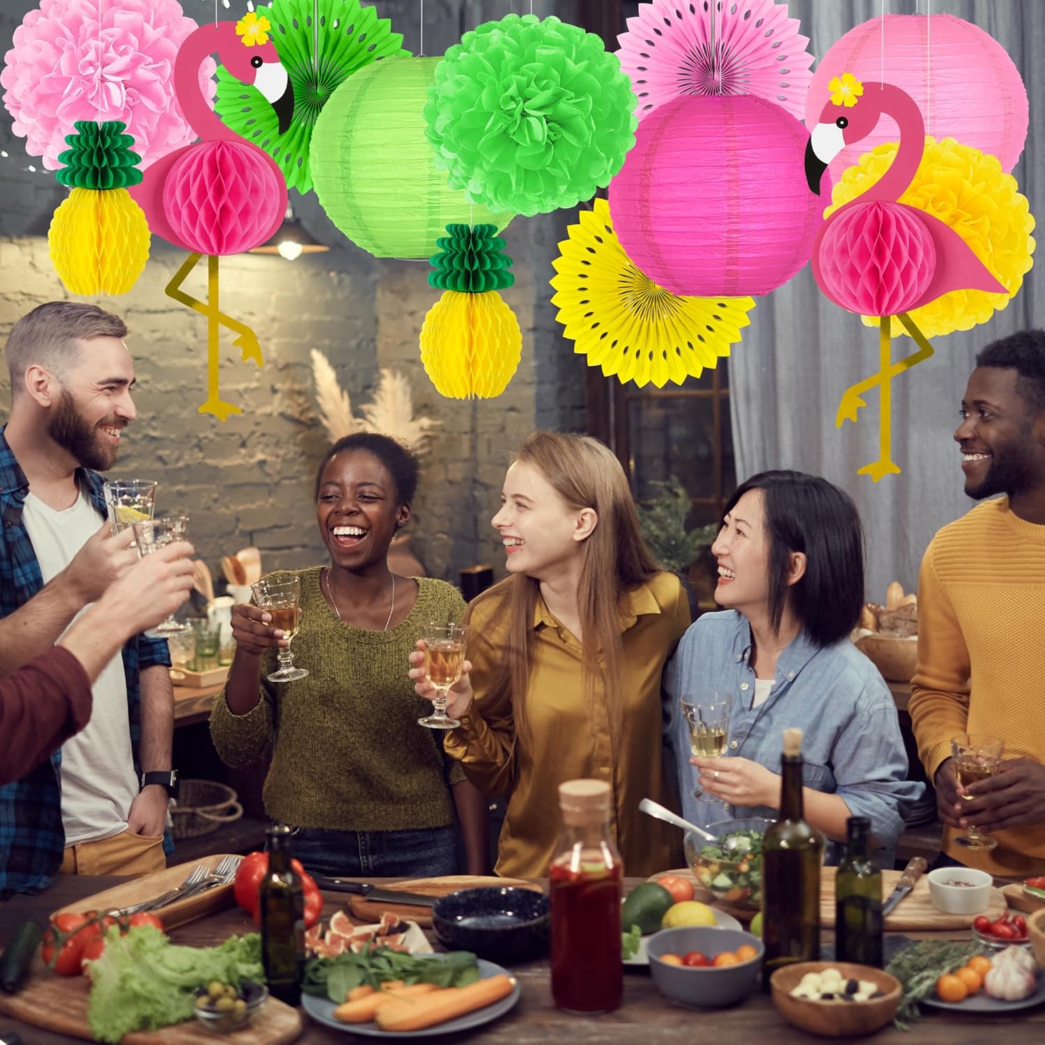 13PCS Hawaiian Party Decorations, Luau Party Decorations, Flamingo and Pineapple Honeycomb Paper Flowers Fans and