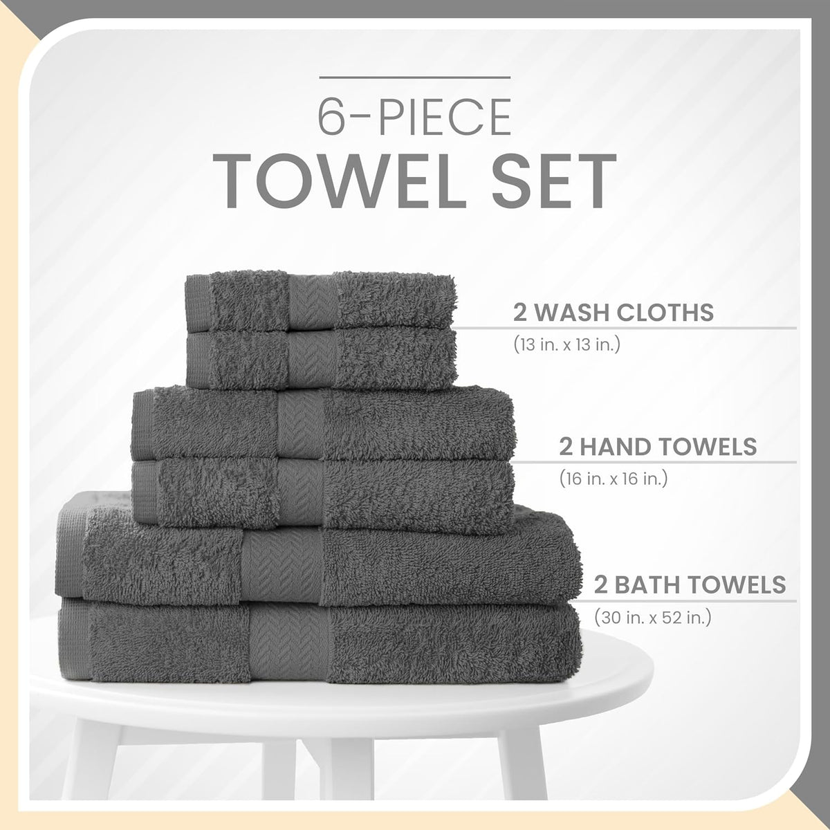 6-Piece 100% Ringspun Cotton Towel Set, Dark Grey