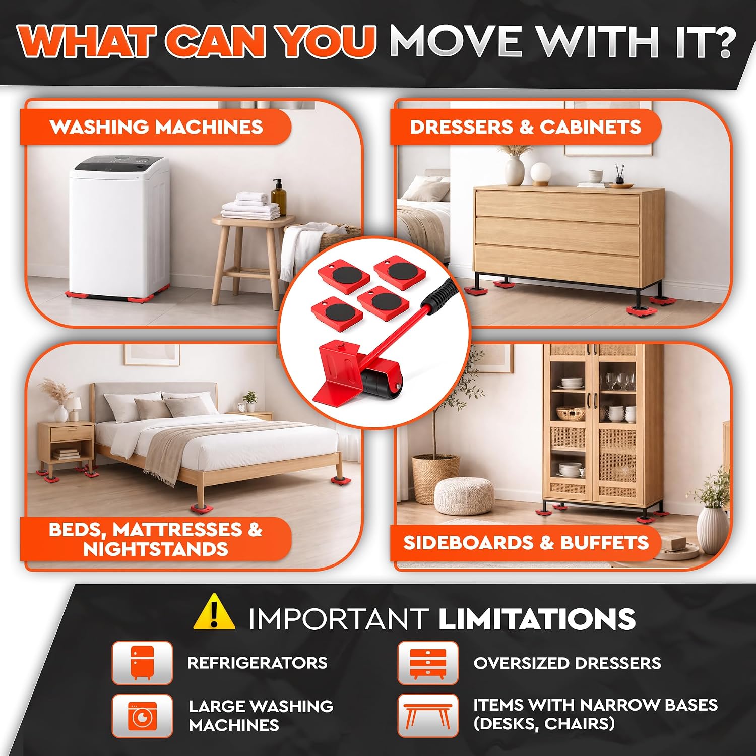 Furniture Movers with Wheels, Up to 220 Lbs Lifter with 4 Sliders | Furniture Lifting Tool Set; 11.9 In Steel Lever;