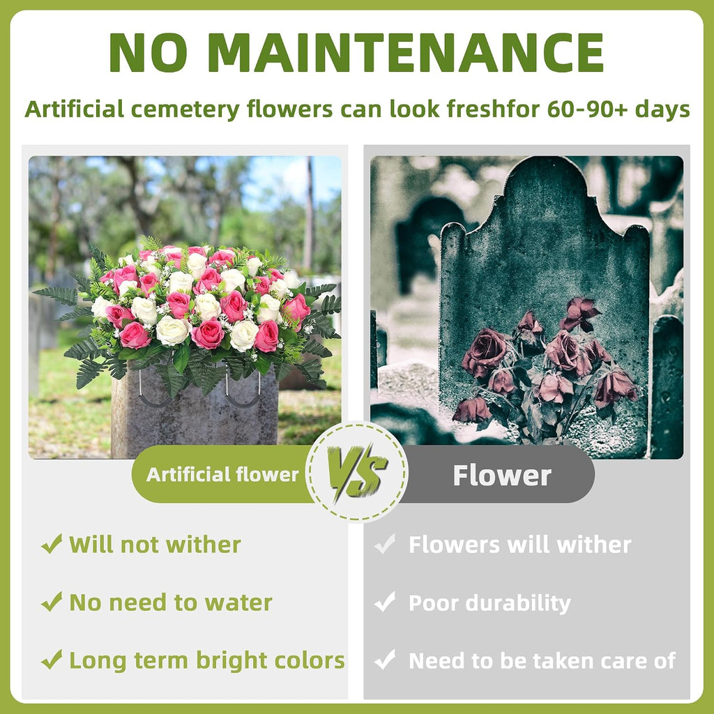 Artificial Cemetery Flowers for Grave,Headstone Flowers Saddle Outdoor Grave Saddle Memorial Silk Roses Flowers for