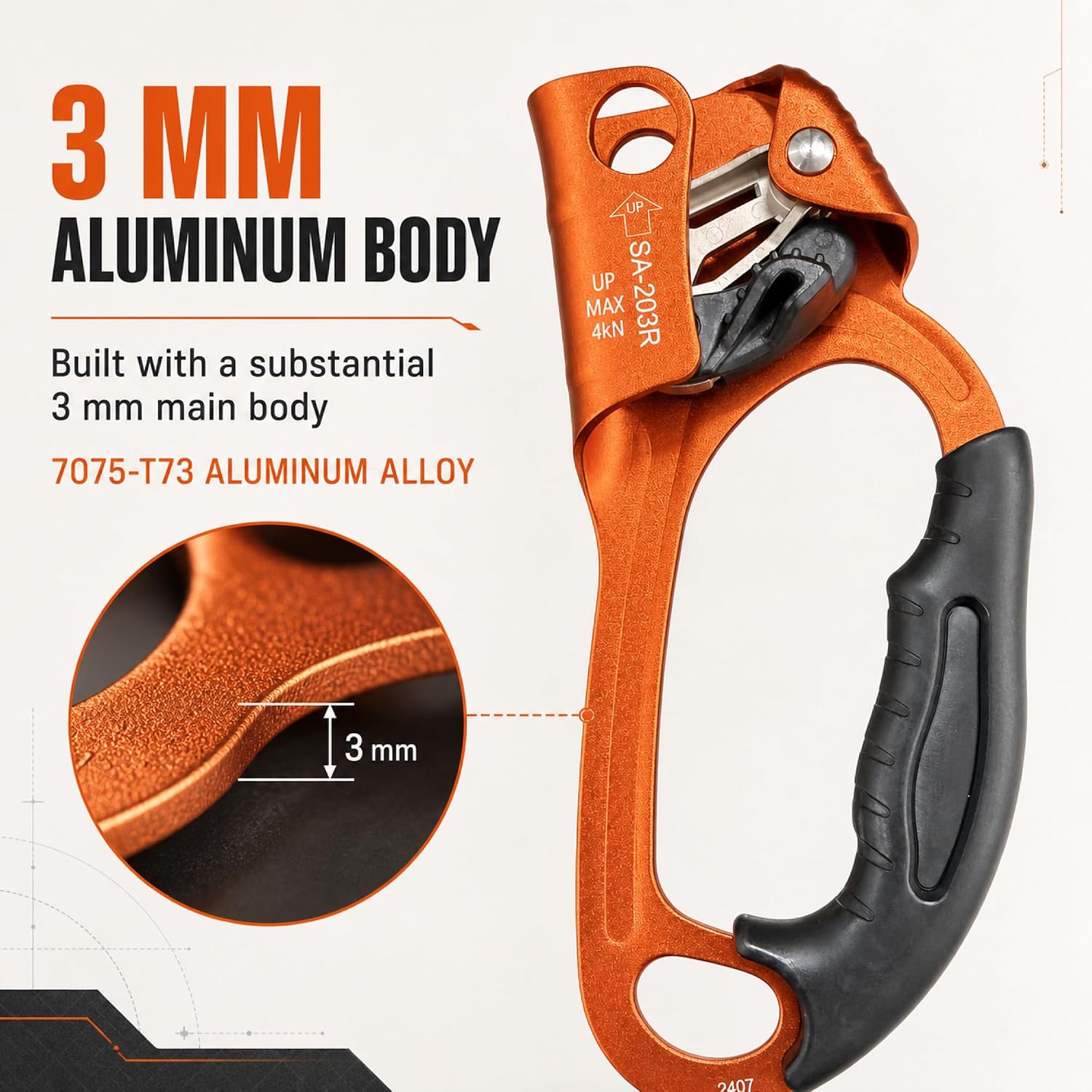 UIAA & CE Certified Climbing Rappelling Equip Hand Ascender Left Right Hand for 8-13mm Rope 4kN