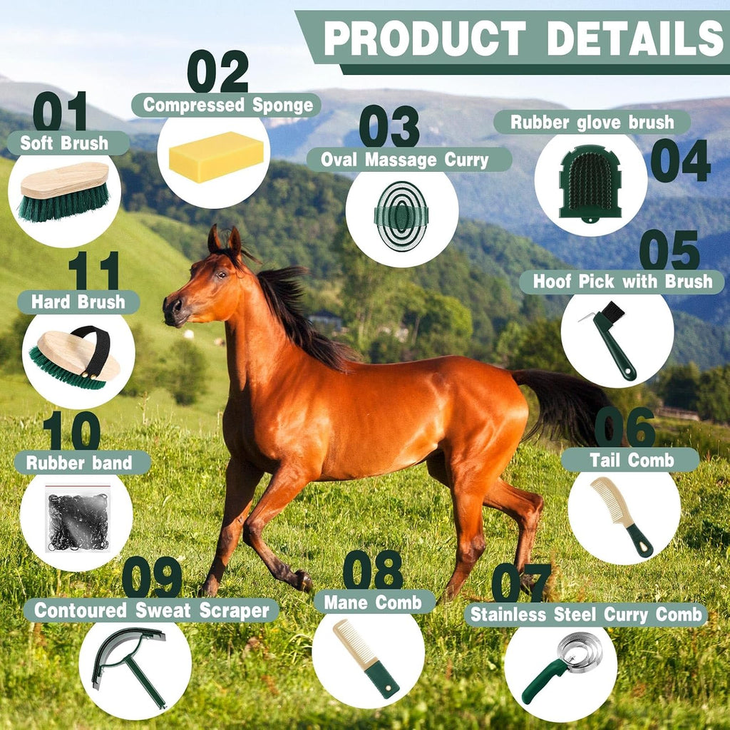12 Piece Horse Grooming Kit with Organizer Tote Bag Brush Sets for Derby Day Show Horses Professional Tools for Care