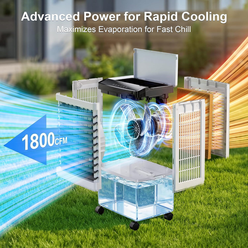 1800 CFM Swamp Cooler, Evaporative Air Cooler with 5.3 Gal Detachable Water Tank, 4 Ice Packs, 3-in-1 Portable AC