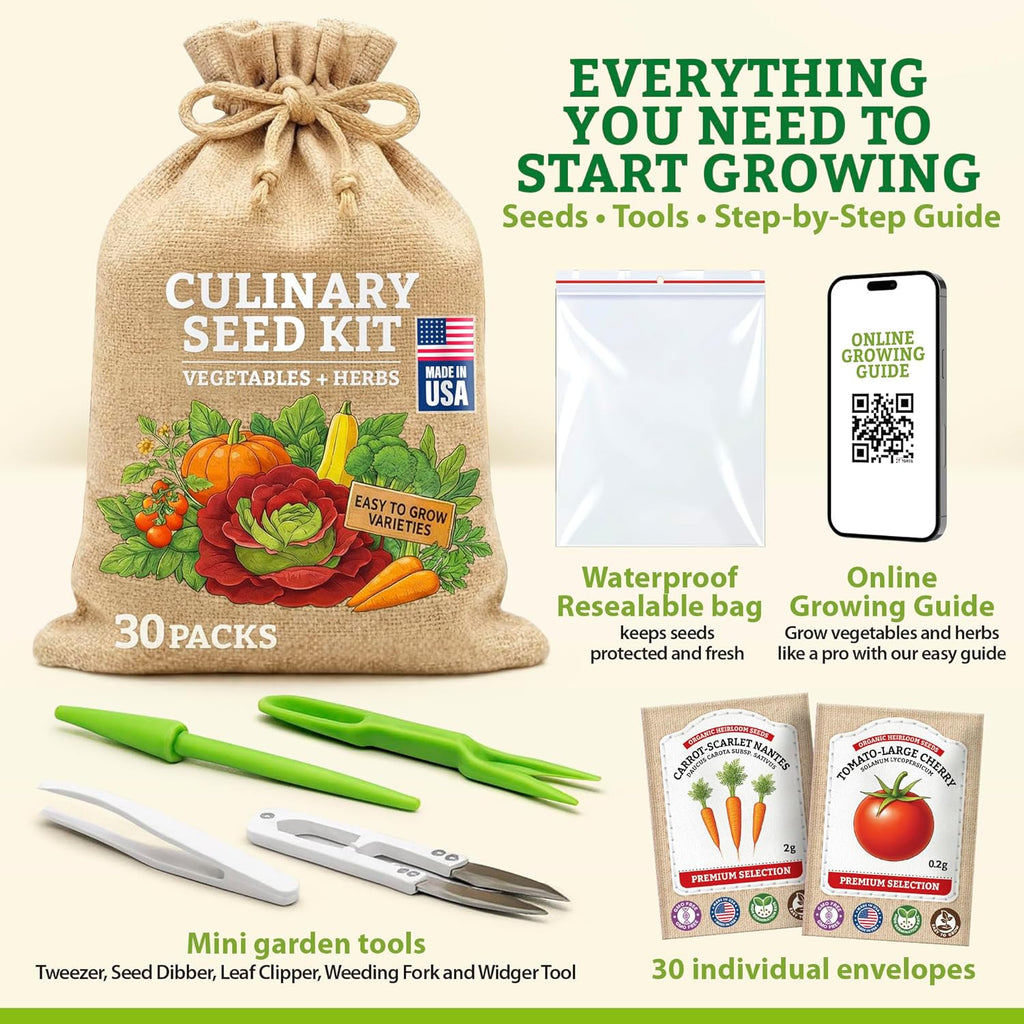 Culinary Vegetable & Herb Seeds Variety Pack - 30 Heirloom Non-GMO Garden Seeds for Planting, Seed Kit with Tools