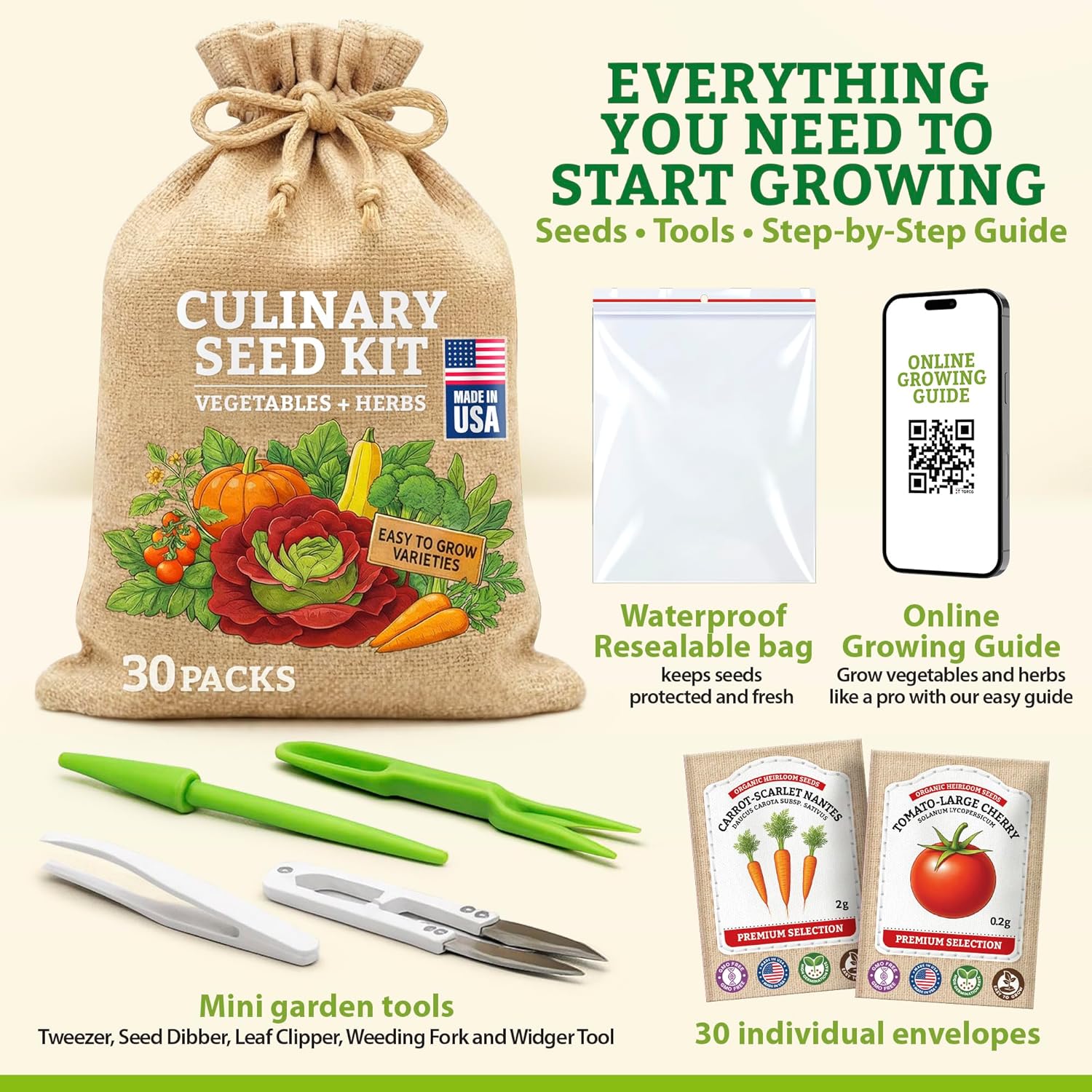 Culinary Vegetable & Herb Seeds Variety Pack - 30 Heirloom Non-GMO Garden Seeds for Planting, Seed Kit with Tools