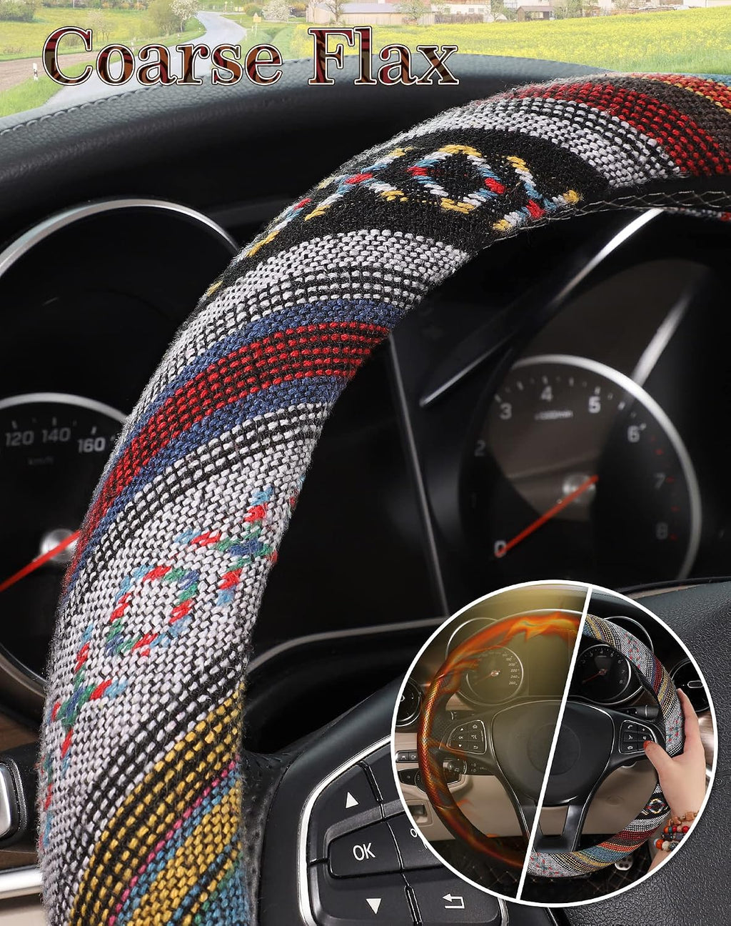 Boho Steering Wheel Cover with Baja Blanket Cloth, Ethnic Style Auto Wheel Cover Made of Coarse Flax, Fits 14 1/2-15