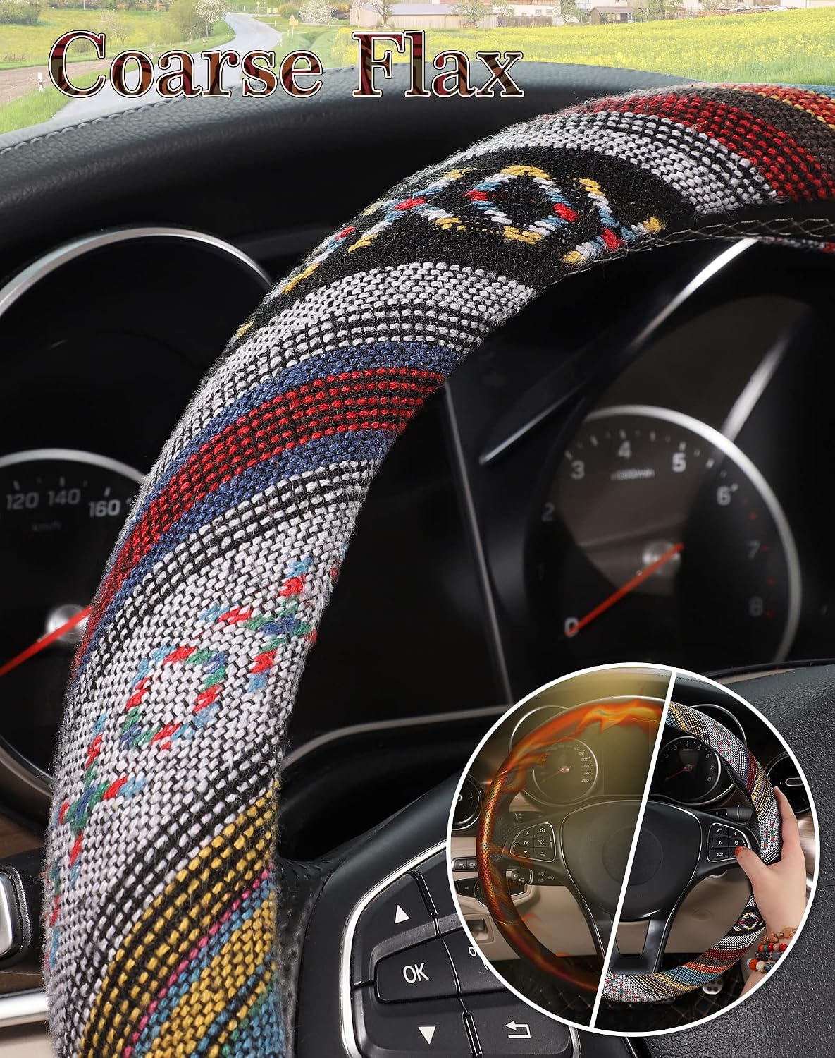 Boho Steering Wheel Cover with Baja Blanket Cloth, Ethnic Style Auto Wheel Cover Made of Coarse Flax, Fits 14 1/2-15