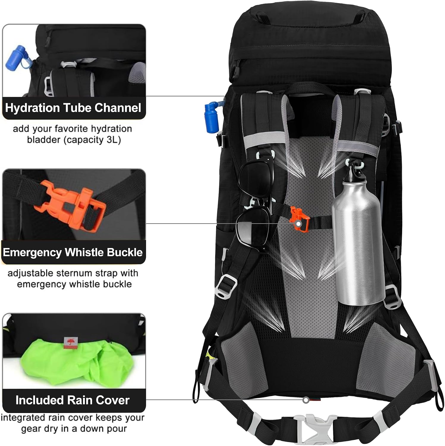 Internal Frame Hiking Backpack 50/60/65/70/80L, Mountain Climbing Camping Backpack Daypack Waterproof Rain Cover