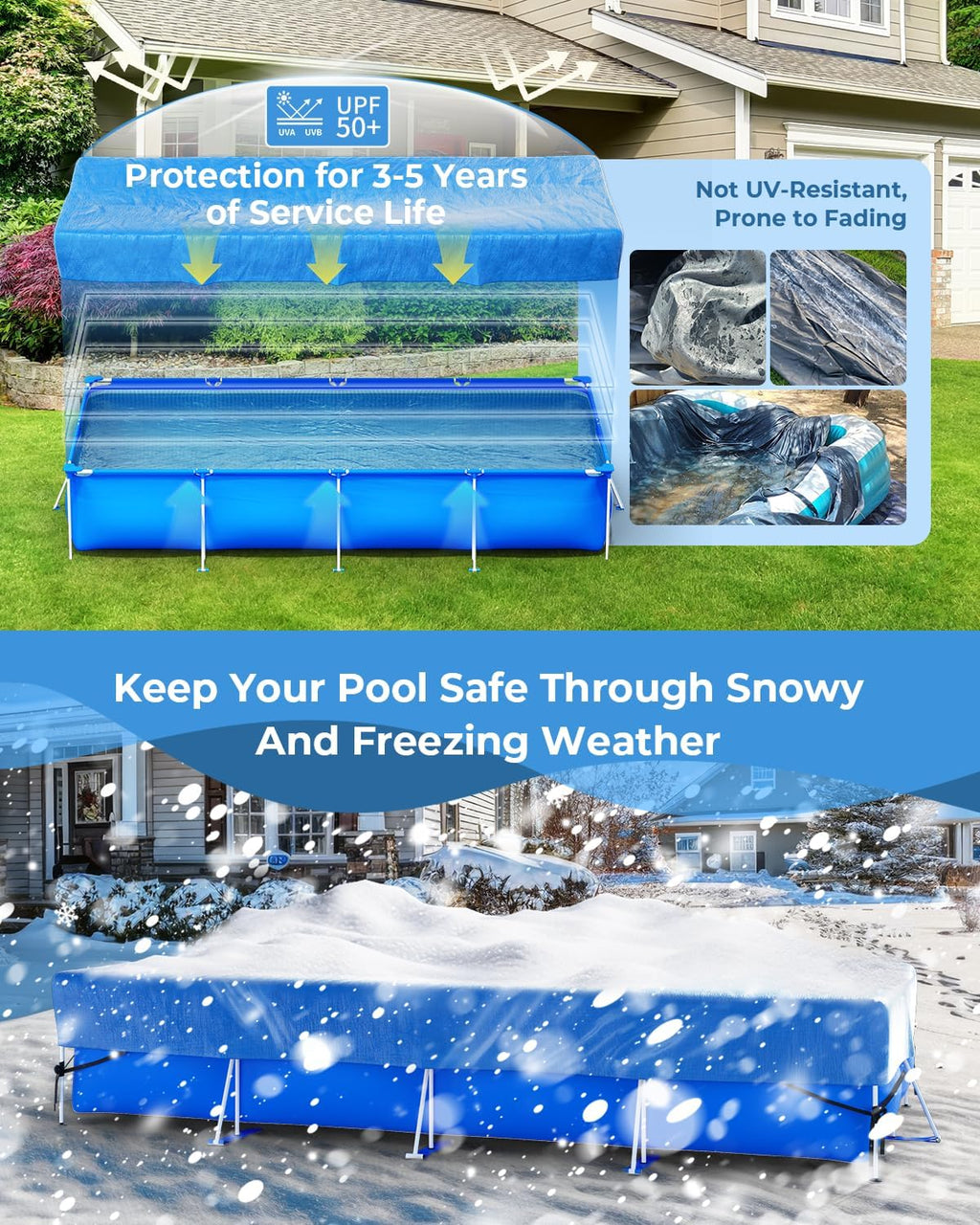 Inflatable Pool Cover Rectangle for 120” x 72”, 130” x 72”, 145" x 74" Pool, Secure Elastic Edge & Drawstrings 10' x