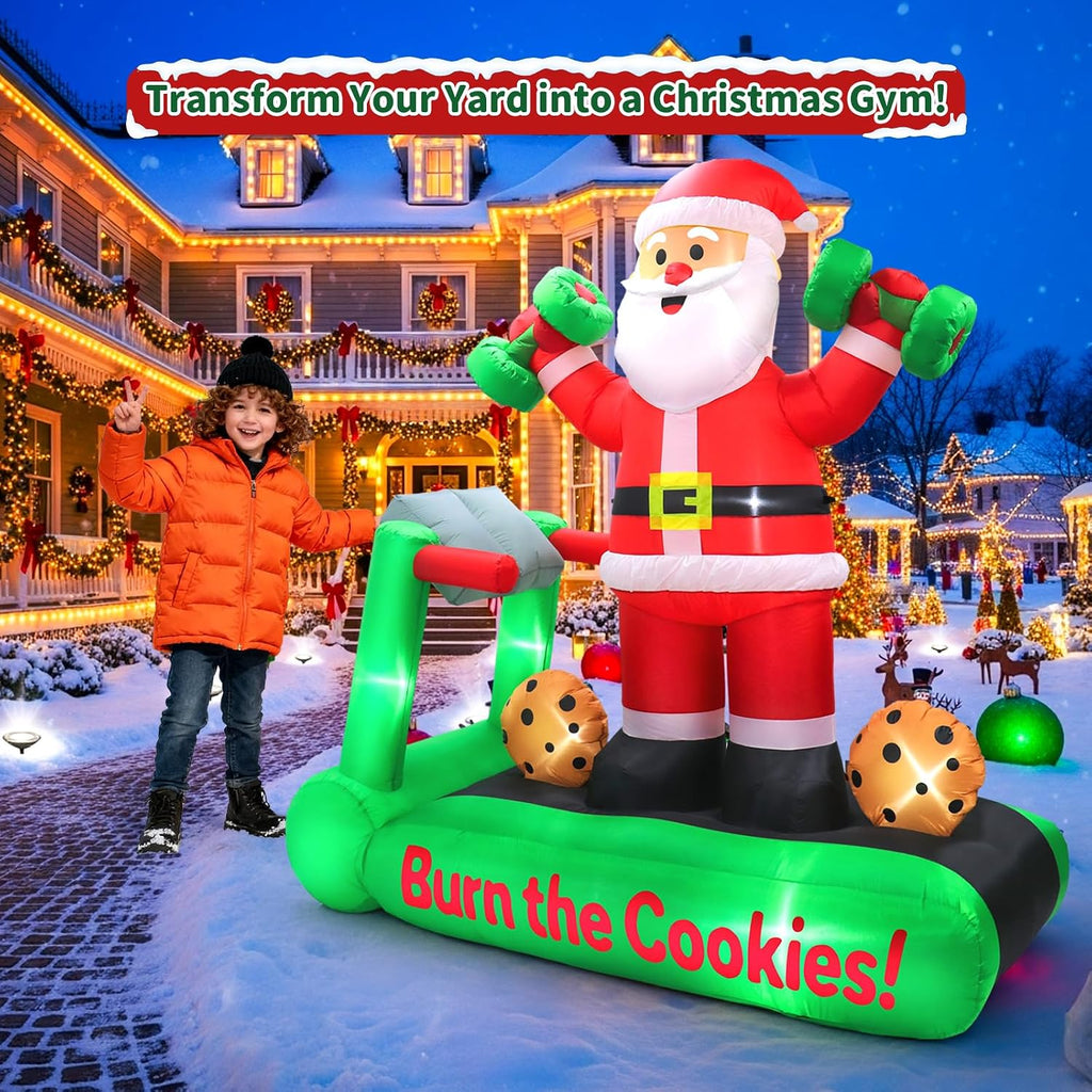 7FT Christmas Inflatable Santa Decorations, Santa on Treadmill with Dumbbells, Funny Fitness Santa Outdoor Blow Up