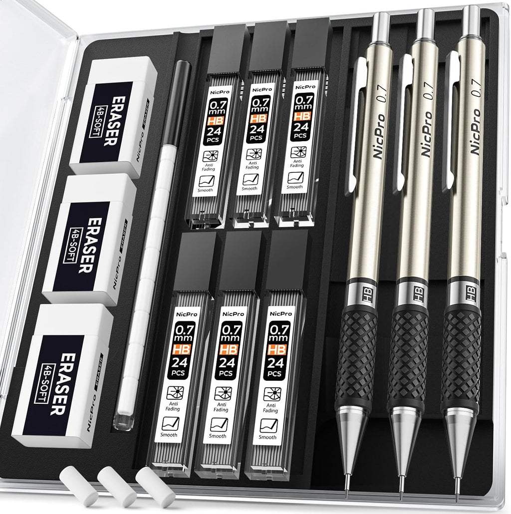 0.7 mm Art Mechanical Pencil Set in Storage Case, 3 PCS | Metal Drafting Pencil Lead Pencil+6 Tube HB Lead Refill, 12