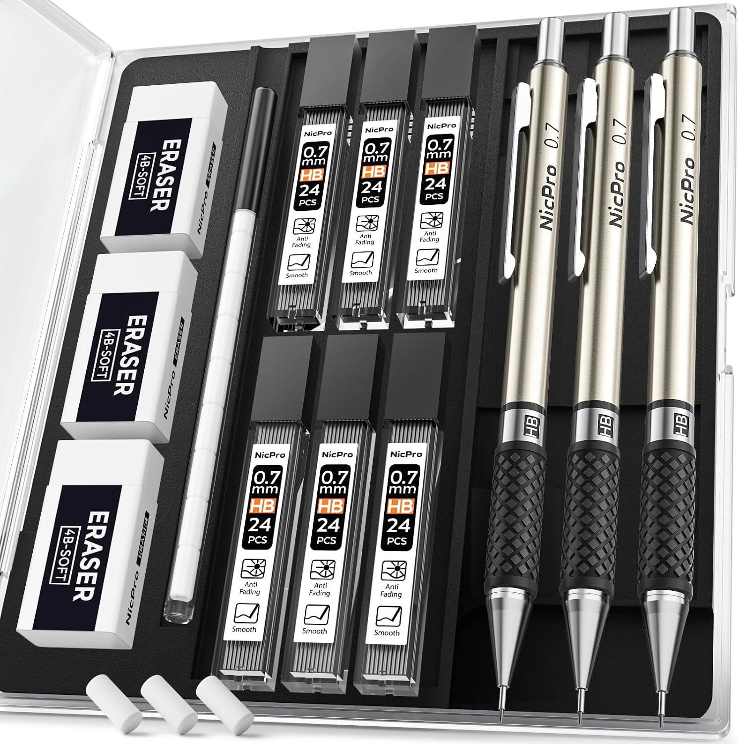 0.7 mm Art Mechanical Pencil Set in Storage Case, 3 PCS | Metal Drafting Pencil Lead Pencil+6 Tube HB Lead Refill, 12