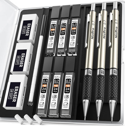 0.7 mm Art Mechanical Pencil Set in Storage Case, 3 PCS | Metal Drafting Pencil Lead Pencil+6 Tube HB Lead Refill, 12