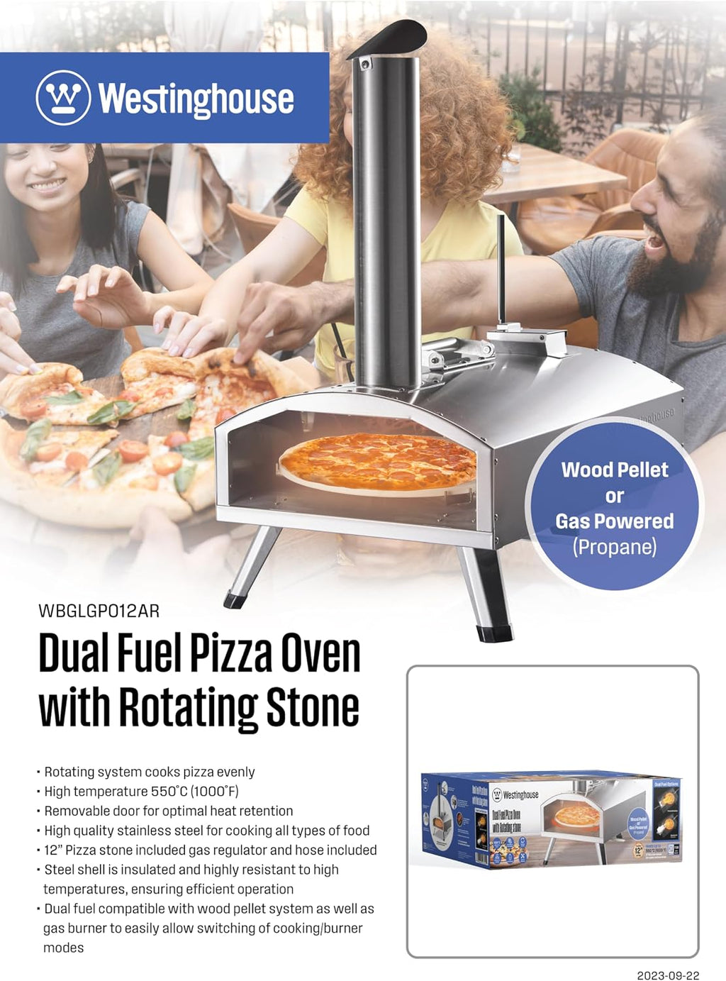 12-Inch Dual-Fuel Pizza Oven - Wood Pellet & Propane, 1000°F High-Heat, Rotating Stone, Portable Outdoor Design