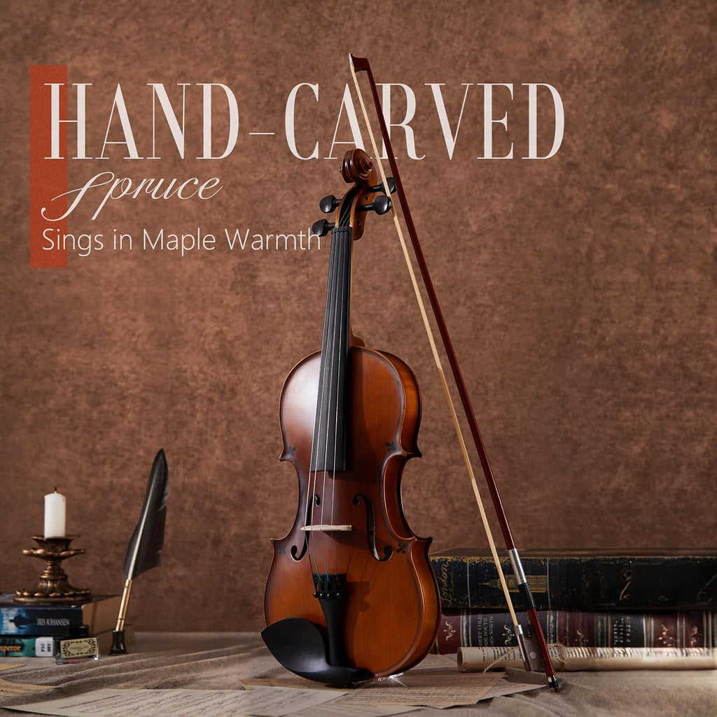 Handcrafted Full Size Violin: Solid Wood Matte Fiddle, Acoustic Beginner 4/4 Violin Kit with Hard Case, Lesson Book