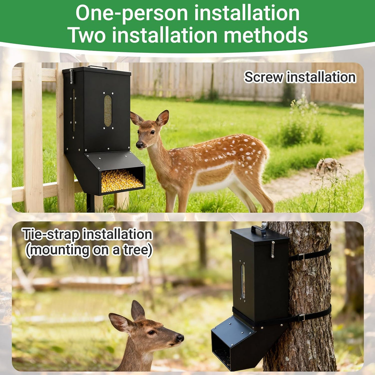 7 Galloon Gravity Deer Feeder, Heavy Duty Hanging Metal Deer Feeder Box with Automatic Dispenser Feeds Protein View