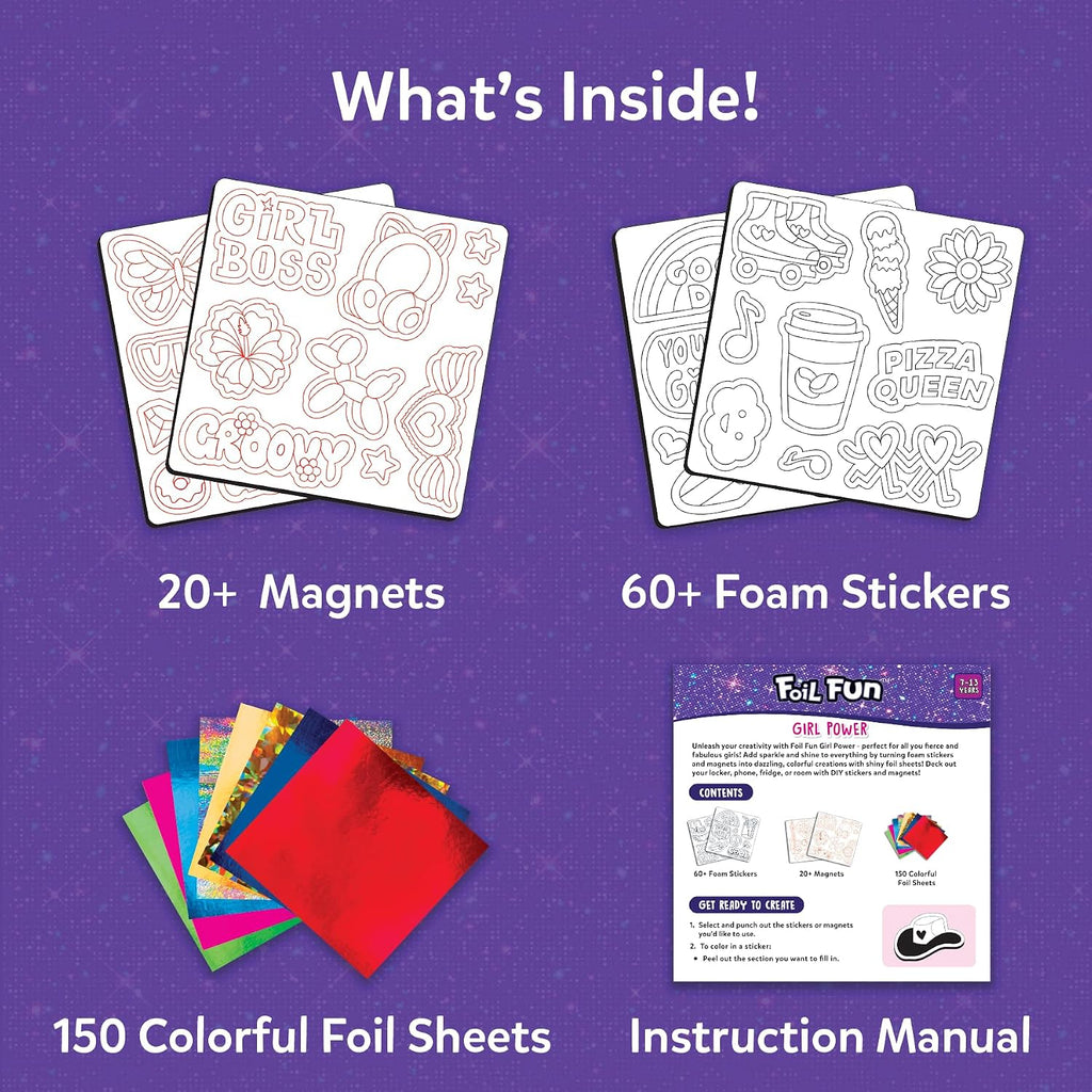 Foil Fun – Girl Power, DIY Foil Art Craft Kit for Tweens | Mess-Free Activity, 20+ Magnets & 60+ Stickers, Travel