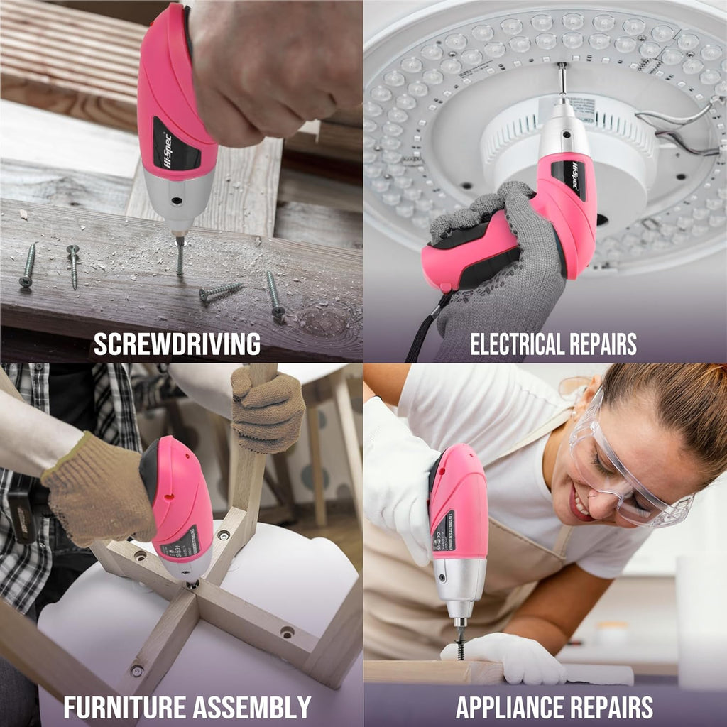 Cordless Electric Screwdriver, Power Screw Driver Set with Pink Compact Tool Kit for Small Repair and Maintenance