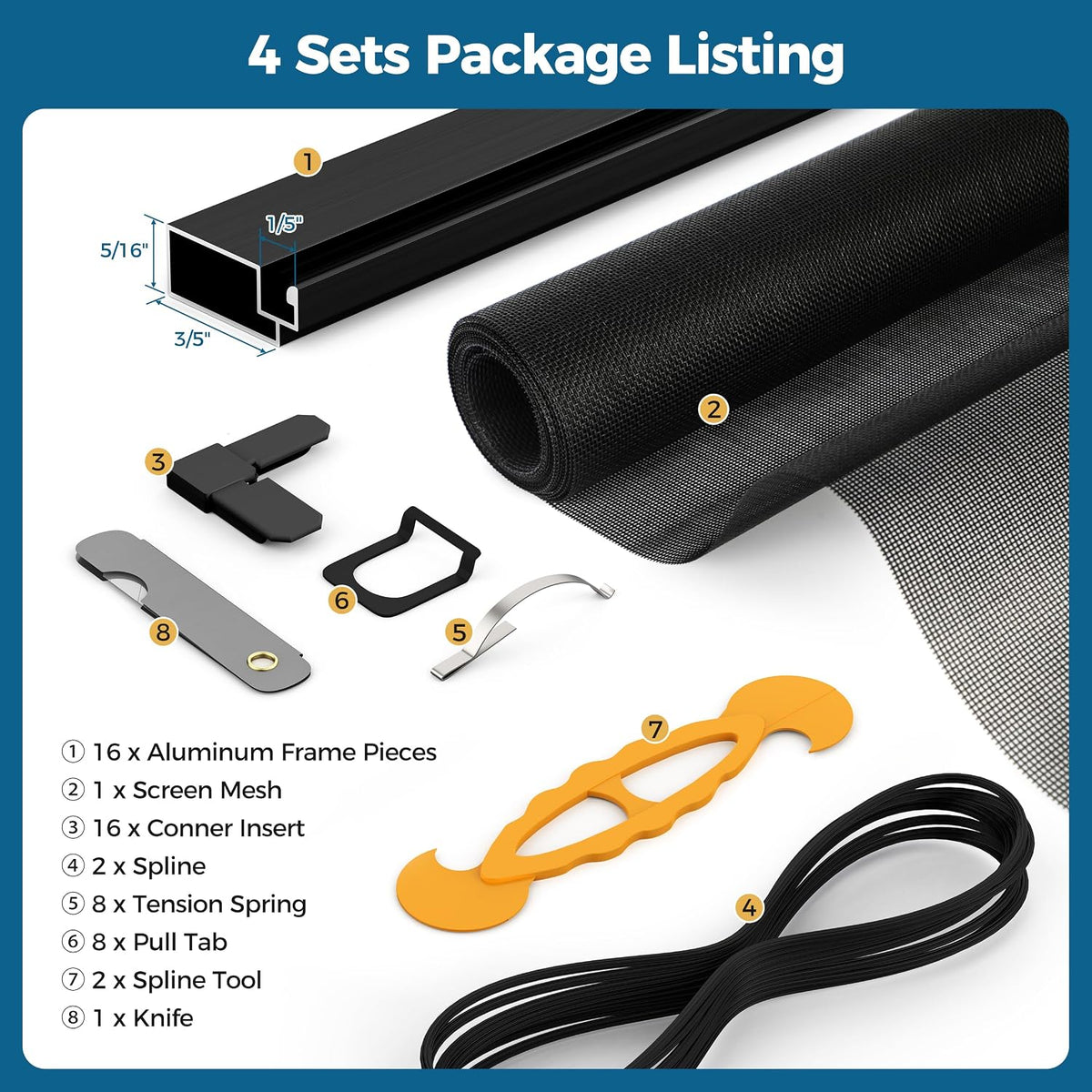 DIY Aluminum Window Screen Frame Kit, 4 Sets, 46 in, Black